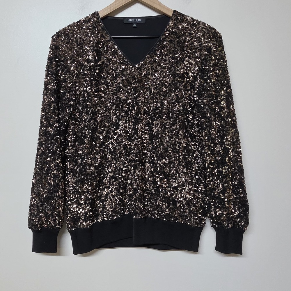 Lafayette 148 New York- Brown Black Sequined V Neck Sweater Top Sz XS Party
